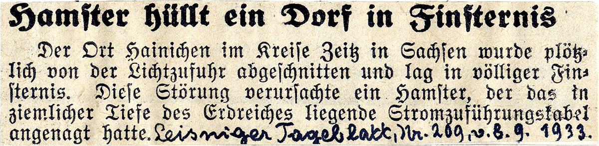 Hamster hüllt ein Dorf in Finsternis. | Quelle: Leisninger Tageblatt